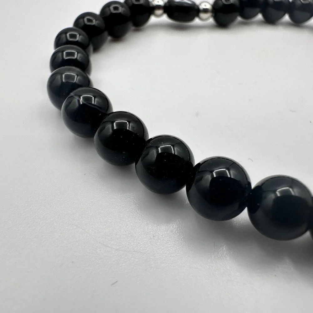 Vintage 90s Silver-Tone A Initial Black Beaded Stretch Bracelet Classic Jewelry